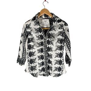 Black Lace Embroidered White Button Front Blouse Small Made in India